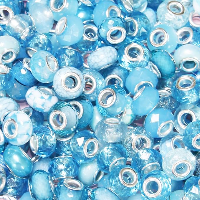 200Pcs Large Hole Beads Spacer Beads Sky Blue Assorted European Craft Big Beads Large Hole Lampwork Murano Bead Fairy Wand Garden Bead for DIY Bracelet Necklace Jewelry Making Decoration Supplies