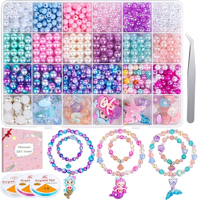Qinzave 802Pcs Mermaid Beads Jewelry Making Kit, Mermaid-Inspired Beads & Charms Set with Elastic Strings and Tools, Bracelet & Necklace Craft Supplies (802 Pieces)