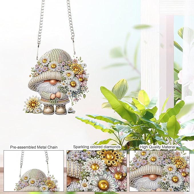AiYuanzsh Gnome with Daisy Diamond Painting Hanging Kit, 5D DIY Acrylic Special Shaped Diamond Art Pendant Ornament for Wall, Door, or Garden Decor, Spring & Holiday Diamond Art Kit for Adults