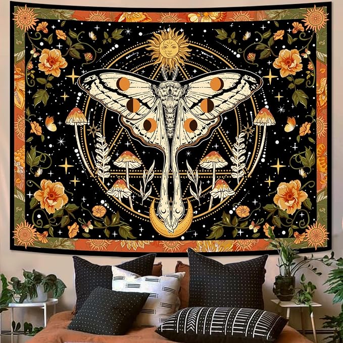 aipon orange moth tapestry boho retro floral flowers tapestries aesthetic vintage mushroom tapestries for bedroom indie sun moon tapestry wall hanging for living room dorm (40'' × 30'')