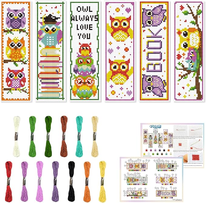 ORIGACH 6 Set Cross Stitch Bookmark Kit for Beginner Owl Pattern DIY Stamped Embroidery Bookmark Kit with 13 Colors Embroidery Floss Instructions