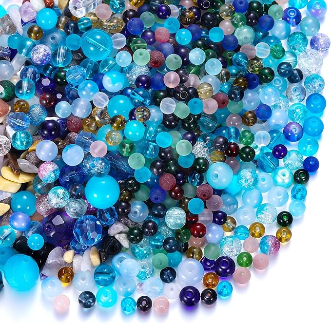 Sureio 1300 Pcs Assorted Glass Beads for Jewelry Making, About 0. 9 Pounds Multicolor Crystal Stone Beads Bulk, 5-13mm DIY Lamp Work Arts and Crafts Decorative Hobby Artistry Making Supply(Ocean Blue)