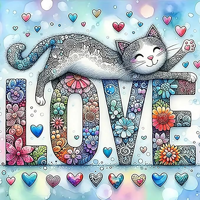 CHWGLFGG 5D Diamond Art Kits for Adults Beginners, Love Cat Diamond Painting Kits, DIY Full Round Drill Paint by Diamonds Dot Gem Art for Adults, Home Wall Decor 13.7X 13.7 Inch