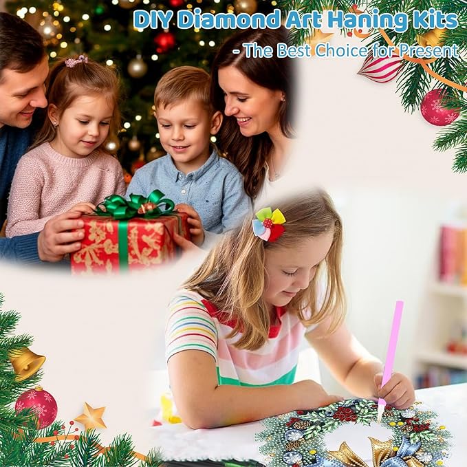 MEIYUDA Christmas Diamond Art Hanging Kits for Adult, Winter Wreath Diamond Painting Hanging Kits Ornaments, DIY Special Shaped Rhinestone Window Pendants kit for Home Garden Wall Decor Gift
