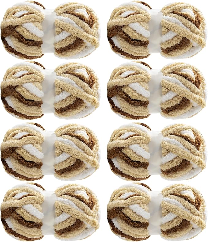 MABOZOO Tie Dye Chunky Yarn for Crocheting 8 Pack,Khaki Fluffy Jumbo Chenille Yarn,Soft Plush Yarn Bulky,Giant Thick Fuzzy Yarn for Hand Knitting or Arm Knitting (31.7 yds,8 oz Each Skein)
