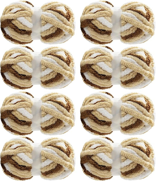 MABOZOO Tie Dye Chunky Yarn for Crocheting 8 Pack,Khaki Fluffy Jumbo Chenille Yarn,Soft Plush Yarn Bulky,Giant Thick Fuzzy Yarn for Hand Knitting or Arm Knitting (31.7 yds,8 oz Each Skein)
