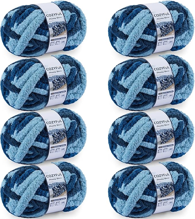 Chunky Yarn for Hand Knitting - #10 Chunky Chenille Blanket Yarn, Jumbo Big Thick Chunky Yarns for Crocheting, Tie Dye Bulky Knit Yarns, 8 Skein (25 yds 8 oz Each Skein), Navy & Multi Blue