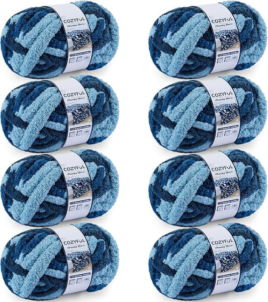 Chunky Yarn for Hand Knitting - #10 Chunky Chenille Blanket Yarn, Jumbo Big Thick Chunky Yarns for Crocheting, Tie Dye Bulky Knit Yarns, 8 Skein (25 yds 8 oz Each Skein), Navy & Multi Blue