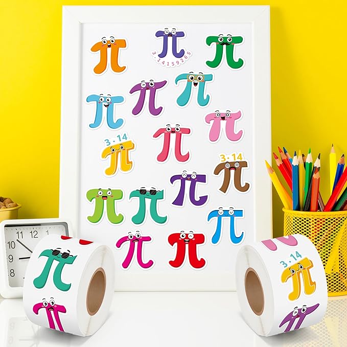 beyumi pi day sticker roll - 1000pcs cute pi day math themed stickers in 2 rolls waterproof vinyl cute π math symbol with funny expression decals for gifts party favor envelopes bottle decor for kids