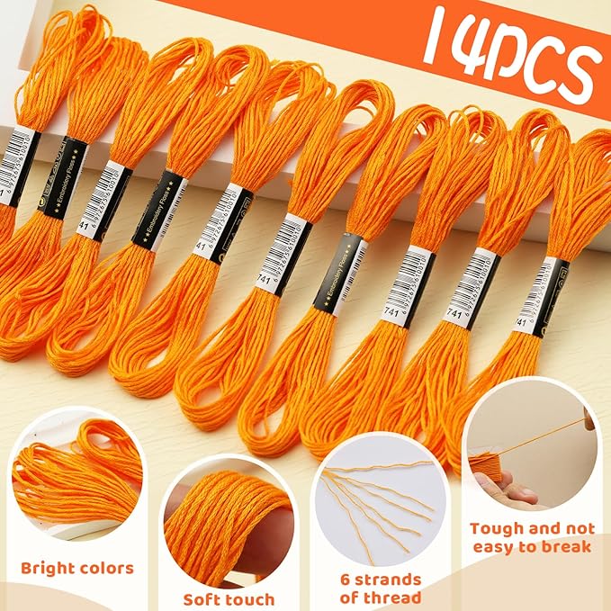 14 Skeins Embroidery Floss, 8m Orange Embroidery Thread, Cross Stitch for DIY Making, Embroidery Crafts