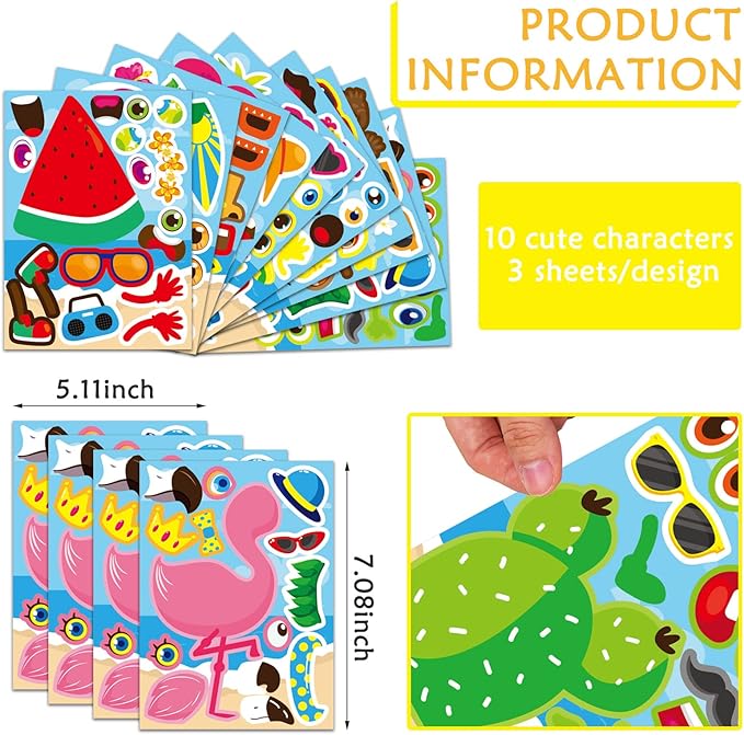 30 sheets hawaii make a face sticker summer pool beach stickers for kids make your own watermelon pineapple flamingo stickers for tropical luau craft party decor sticker summer holiday party favors
