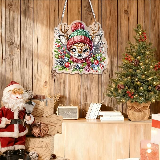EMIEAUFG Christmas Diamond Art Hanging Kit for Adult, Xmas Deer Diamond Art Pendants, Double Sided Acrylic & 5D Special Shaped Rhinestone, Christmas DIY Ornament for Window Home Wall Decor