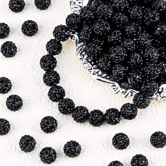 100Pcs 10mm Black Rhinestone Beads for Jewelry Making, Shiny Round Disco Ball Sparkly Beads Bulk with 10-Grid Storage Box for DIY Baseball Necklaces Shamballa Bracelets