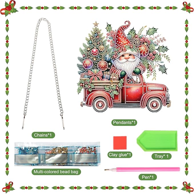 5D DIY Christmas Diamond Art Pendant Kit, Gnome, Christmas Tree & Car Design, Diamond Painting Hanging Ornament for Adults, Crystal Window & Door Decor, Holiday Gift Wall Home Decoration (24.1x23.4cm)