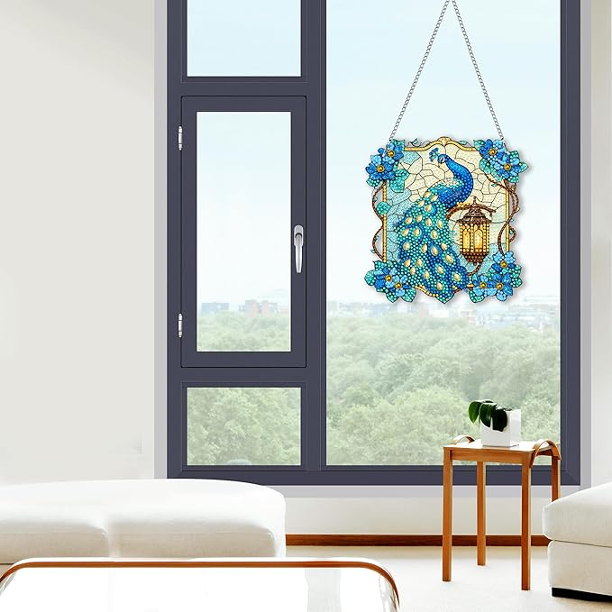 Pavemlo Hanging Diamond Art Kits for Adults Peacock Animal – 8x8 Inch Double-Sided Acrylic Board DIY Crystal Diamond Suncatcher Pendant, Sparkling Home Wall or Window Decoration Handmade Gift