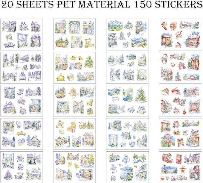 PET Winter Landscape Stickers 20 Sheets 150 Pre-Cut Stickers for Scrapbooking Scrapbook Supplies Transparent Sticker for journaling