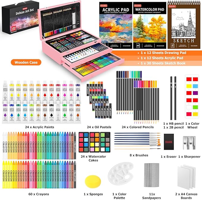 Soucolor Mother Day Birthday Gifts, Art Kits Art Sets, Aesthetic Cute Preppy Stuff Art Supplies, 192-Pack Deluxe Drawing Stuff with Acrylic Pad, Watercolor Book and Sketch Book, Canvases, Brushes