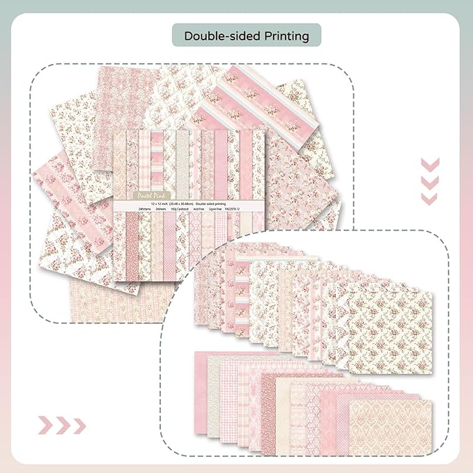 Floral Scrapbook Paper, Vintage Floral Garden Craft Sheets, 24 Pages/24 Unique Designs Double-Sided Origami Art Supplies, Pink Scrapbook Materials for DIY Cards, Journals, Album Decor, 12"x12" Inch