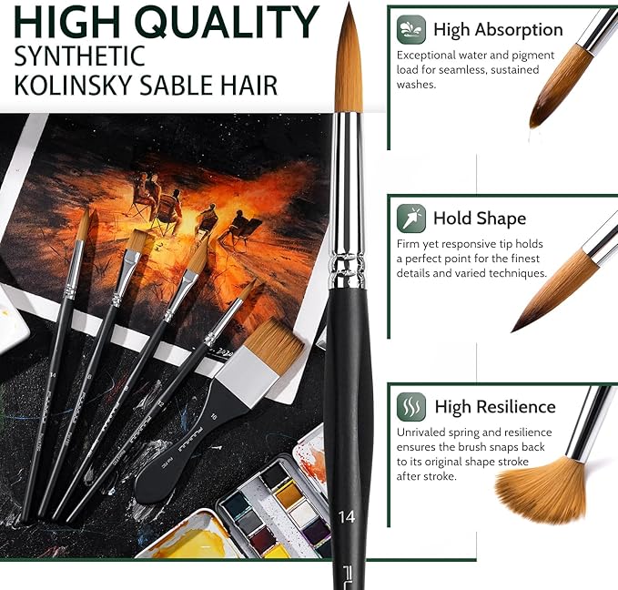 Fuumuui Watercolor Paint Brushes, Professional 10Pcs Synthetic Sable Water Color Brushes for Adult with Wide Flat, Round, Dagger, Cat's Tongue, Liner for Watercolor Gouache Inks Painting