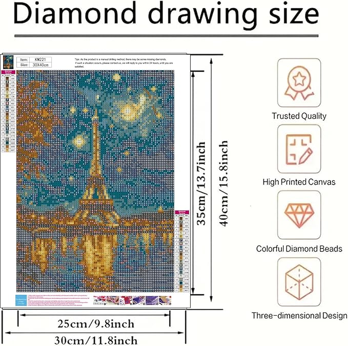 BYGFHLYW 5D Diamond Painting Kits for Adults, Landscape Eiffel Tower Diamond Art Kits for Adults Beginner, DIY Full Drill Diamond Dot Gem Painting for Home Wall Decor 12x16inch