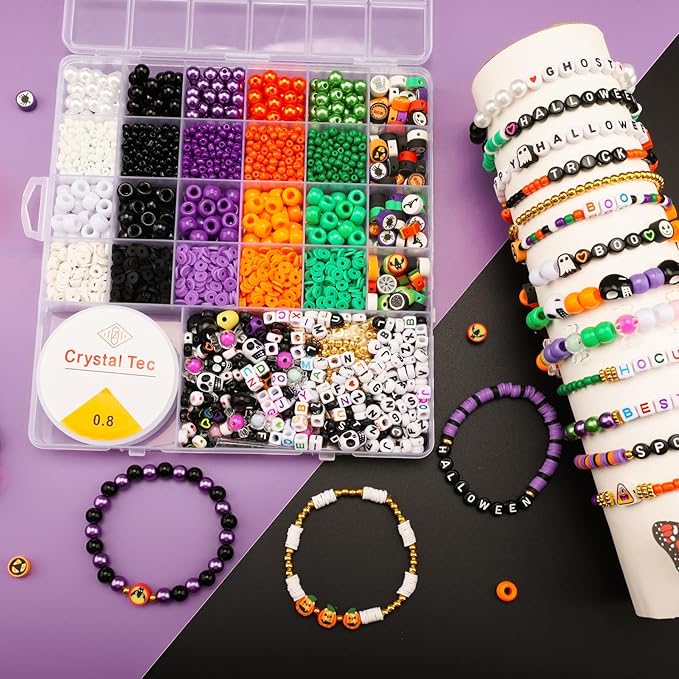 3010 Pieces Halloween Bracelet Making Kit, Assorted Halloween Bead Polymer Clay Beads Skull Beads Glasses Pearl Bead for Necklace Jewelry Making DIY Crafts
