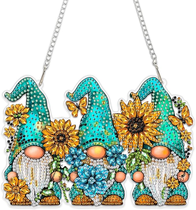 MEIYUDA Gnomes Diamond Art Hanging Kits for Adult, Sunflowers Gnomes Diamond Painting Hanging Kits Ornaments, DIY Special Shaped Rhinestone Window Pendants kit for Home Garden Wall Decor Gift