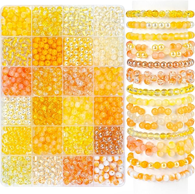 1200PCS 6mm Glass Beads for Bracelets, Fall Beads 24 Colors Orange Yellow Crystal Beads Bracelet Making Kit and Jewelry Making, Round Glass Beads for Friendship Bracelets Thanksgiving Decorations