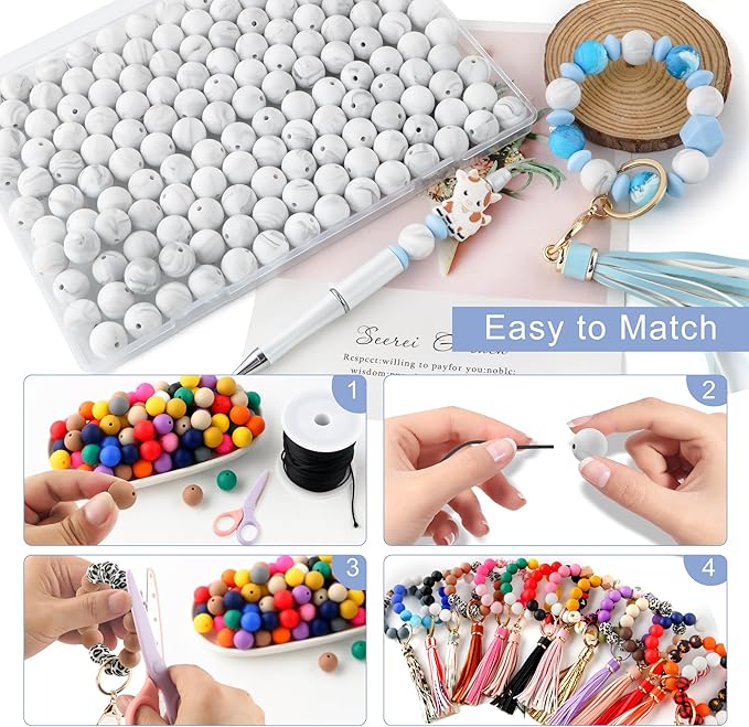 150Pcs 15mm Silicone Beads for Keychain Making Bracelet Necklace, Bulk Round Silicone Beads for Pens（Marble White）