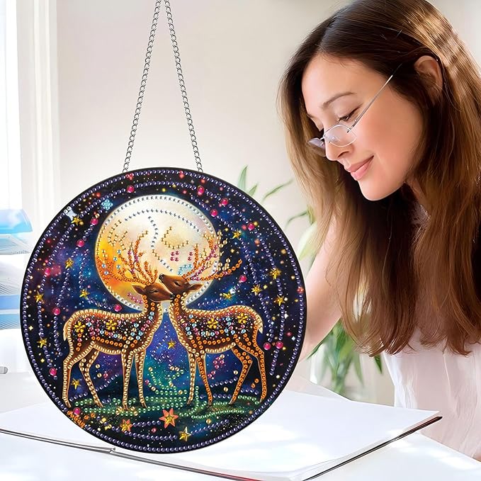 Pavemlo Hanging Diamond Art Kits for Adults Deer – 8x8 Inch Double-Sided Acrylic Board DIY Crystal Diamond Suncatcher Pendant, Sparkling Home Wall or Window Decoration Handmade Gift