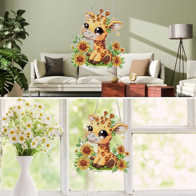 MXJSUA Giraffe Sunflowers Diamond Art Hanging Kits for Adults Beginners, DIY Acrylic Special Shaped Crystal Diamond Gem Drills Pendant Art Painting Ornament for Home Wall Decor Gift