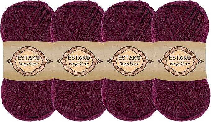 Estako Megastar, (4 Skeins Pack) 75% Acrylic 25% Wool Yarn, Soft, Chunky Bulky Weight #5 for Crochet and Knitting (4 x 3.52 Oz) / (4 x 120 Yrds) (60609 - Aubergine)