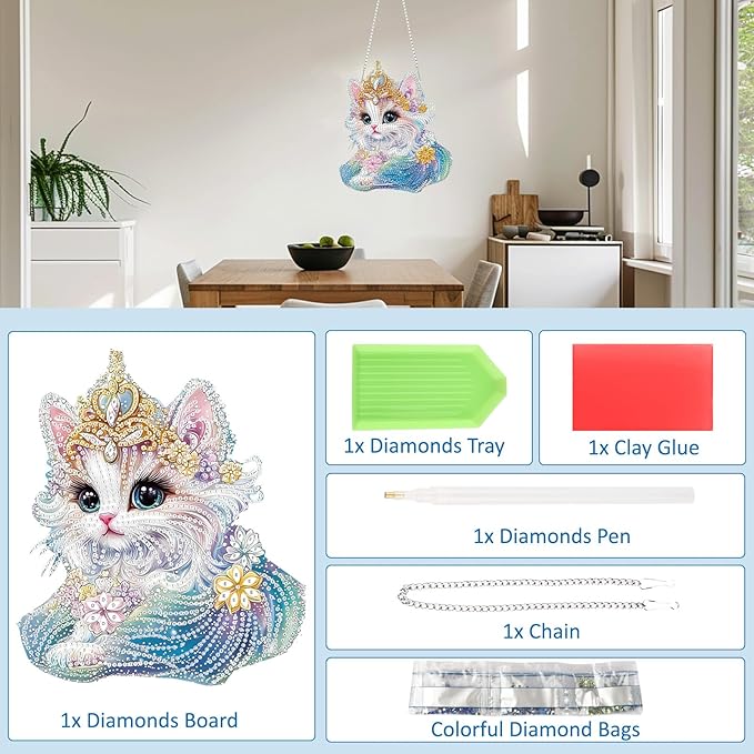 SENQAO Cat Diamond Painting Pendant Kits for Adult, 5D Diamond Art Diamond Painting Hanging Kits, DIY Diamonds Painting Suncatcher Pendant Kit for Adults for Gift Wall Home Decor
