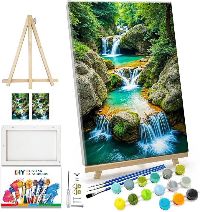 JOOZ Paint by Numbers Kit for Adults with Frame Waterfall Paint by Number with Easel Mountain Adult Paint by Number Kits Framed Canvas DIY Oil Painting Kits for Gift Home Wall Decor 8x12 Inch