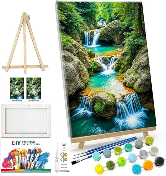 JOOZ Paint by Numbers Kit for Adults with Frame Waterfall Paint by Number with Easel Mountain Adult Paint by Number Kits Framed Canvas DIY Oil Painting Kits for Gift Home Wall Decor 8x12 Inch