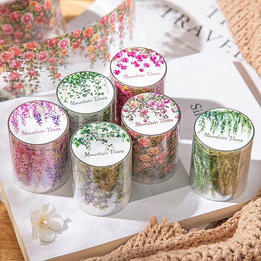 PET Tape Stickers for Journaling 6 Rolls Pre-Cut Flower Washi Tape Stickers Decorative Tape for Crafts Scrapbooking Junk Journal Supplies, Flower Vine