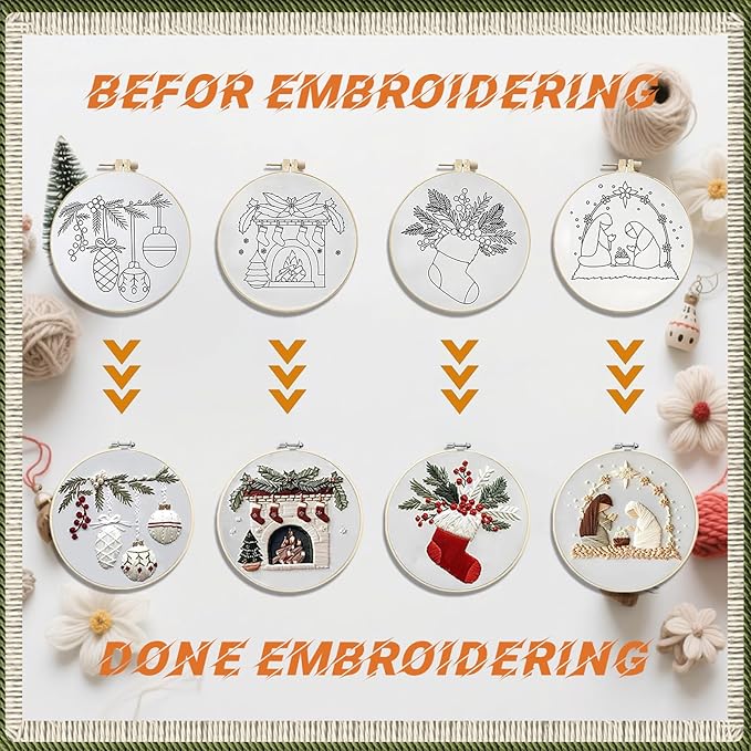 wkalxj 4 sets embroidery kits for beginners adults, cross stitch kits, needlepoint kits with instruction, video, needle point kits with holly fireplace stocking nativity patterns (4 sets a)