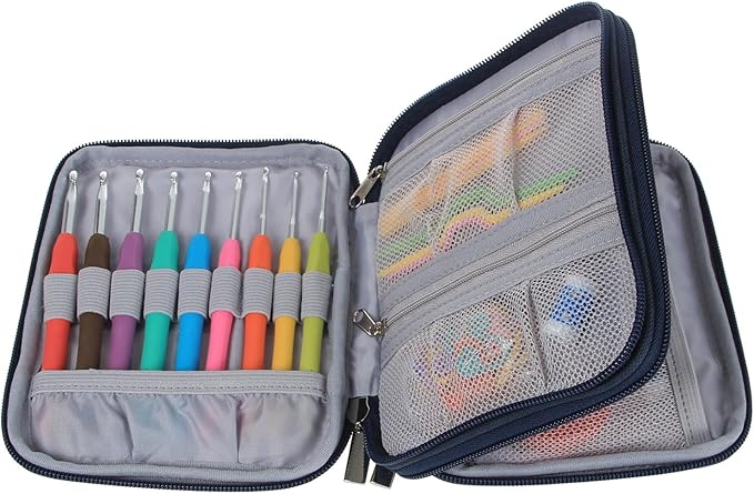 Teamoy Crochet Hook Case - Empty Organizer with Multiple Pockets for Needles & Knitting Accessories, Cats Blue