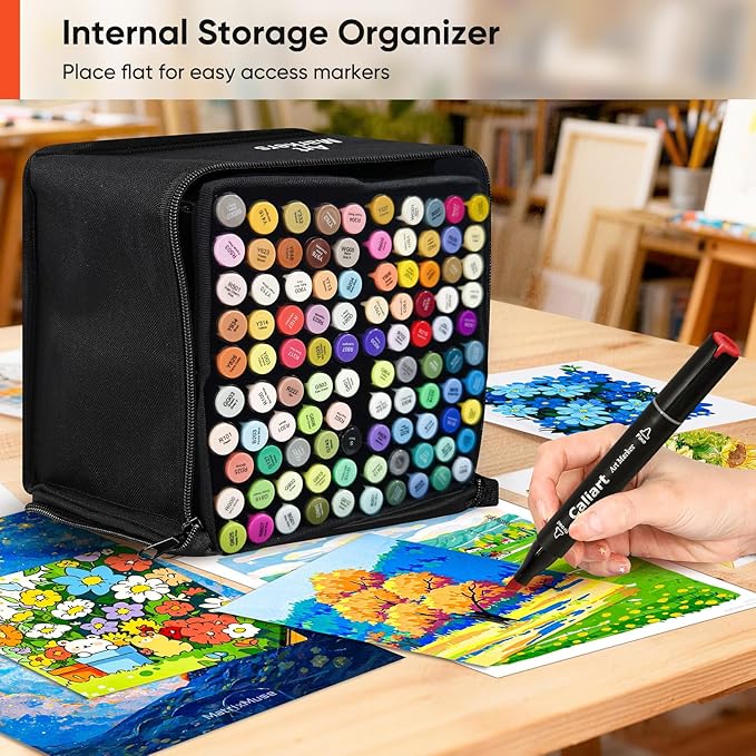 caliart markers, 100 colors dual tip art markers sketch pens permanent alcohol based, with case for adults artists drawing illustration sketching coloring (black barrel)