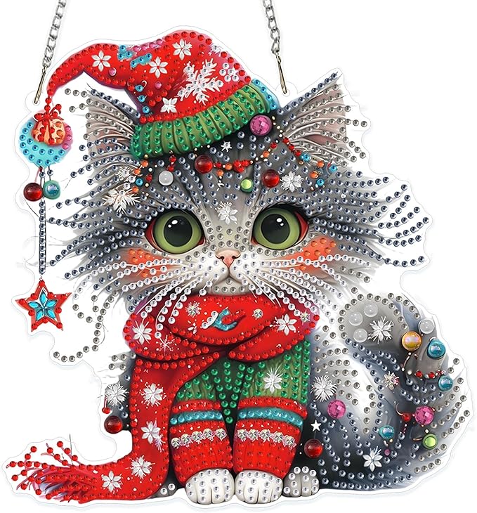 MOGTAA Christmas Diamond Art Hanging Kits for Adults Kids, Christmas Cat Diamond Art Suncatchers, 5D Special Shape Diamond Animal Painting Window Pendant Kit for Home Garden Wall Decor