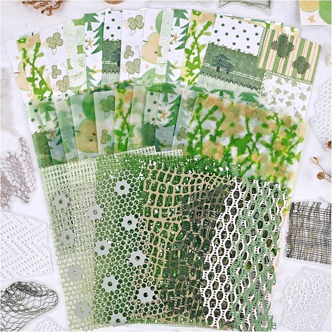 Diuhofart Scrapbook Textured Papers for Crafts, Green Theme Hollow Mesh Craft Paper Sticker, 47Pcs Collage Materials for Junk Journaling Supplies Scrapbooking