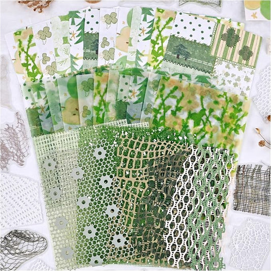 Diuhofart Scrapbook Textured Papers for Crafts, Green Theme Hollow Mesh Craft Paper Sticker, 47Pcs Collage Materials for Junk Journaling Supplies Scrapbooking