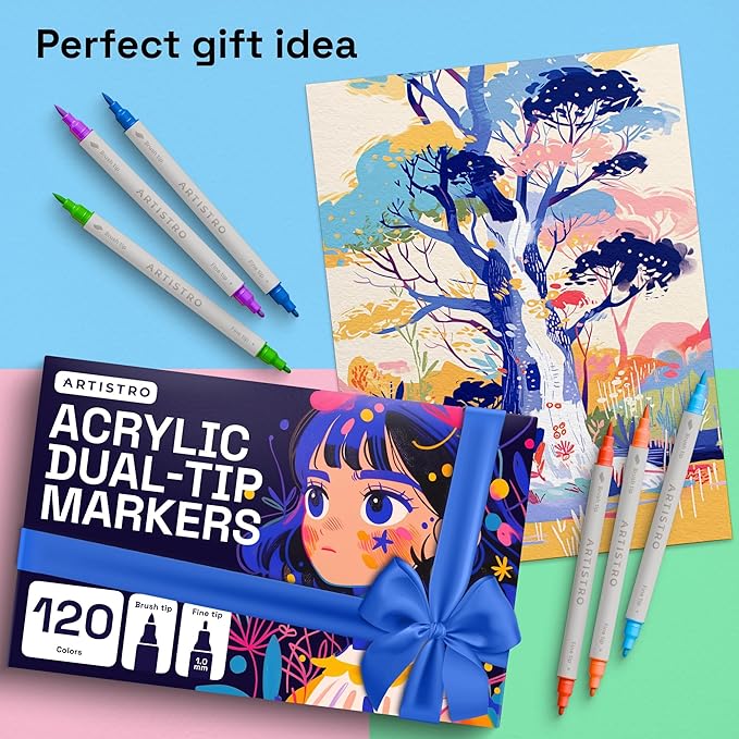 ARTISTRO 120 Acrylic Paint Markers - Paint Pens for Drawing, Brush + Fine Tips - For Fabric, Rock, Glass, Wood, DIY, Eggs - Art & Craft Supplies for Adults, Teens, Kids - Easter Basket Stuffers