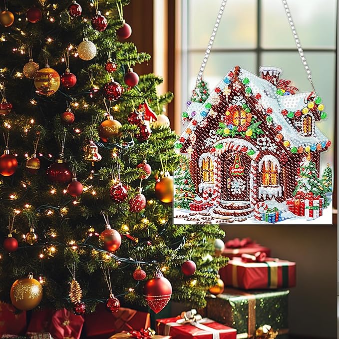 SENQAO Christmas Diamond Art Hanging Kits for Adults Kids, Candy House Diamond Art Suncatchers, 5D Special Shape Diamond Painting Pendant Window Ornament Gifts for Home Door Wall Decor