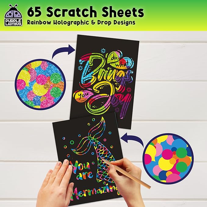 PURPLE LADYBUG Rainbow Scratch Art Paper, 79 PCS Creative Drawing Paper & Stencils - Arts and Crafts for Ages 4-12, Kids Craft Activity Set, Easter Basket Stuffers for Kids, Summer Wedding Activities