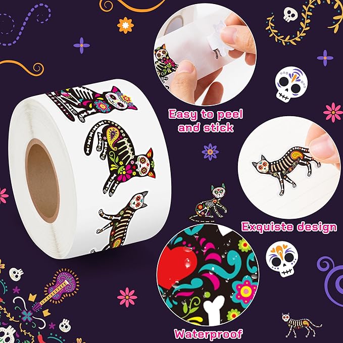 beyumi skeleton cat roll stickers - 1000pcs day of the dead skeleton cat stickers in 2 rolls dia de los muertos decals for kids halloween mexican festival party supplies bottle goodie bags box decor