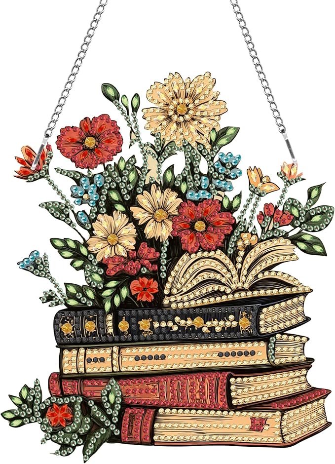 Kaliosy Sun Catcher Books Window Hanging - Outdoor Porch Decor, Flowers-Themed Diamond Art Ornament, Acrylic Board Diamond Painting for Wall Home Garden, Front Door Sign, Indoor Decor 8x8 inch