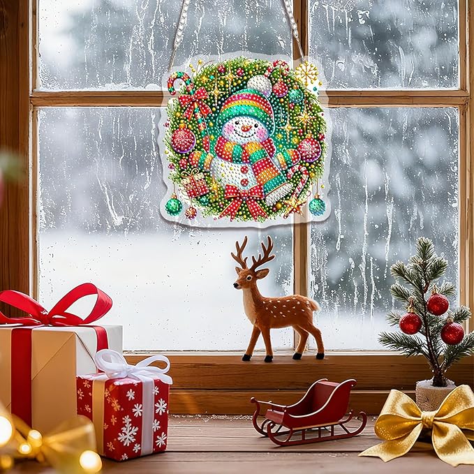 EMIEAUFG Christmas Diamond Art Hanging Kit for Adult, Xmas Snowman Diamond Art Pendants, Double Sided Acrylic & 5D Special Shaped Rhinestone, Christmas DIY Ornament for Window Home Wall Decor