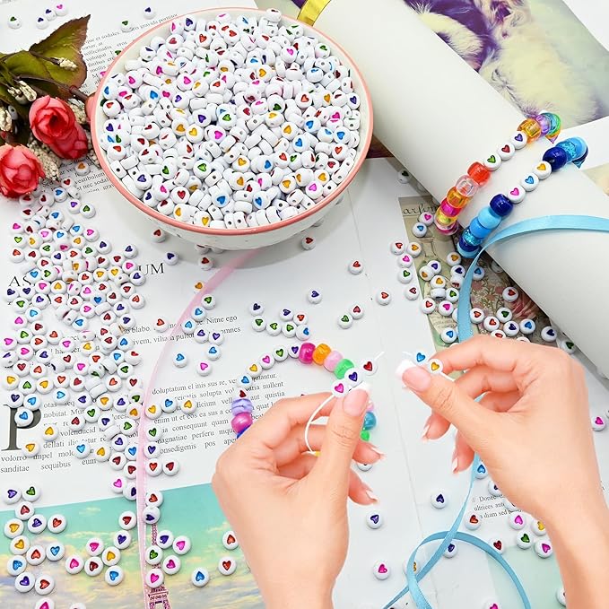 Amaney 500Pcs 7x4mm White Acrylic Colorful Heart sheap Round Beads Mixed Colors Plastic Loose Beads for Jewelry Making