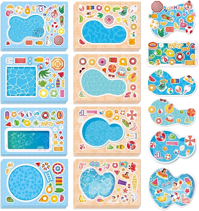 aowplc 32 sheets make‑a‑pool stickers for kids – mix & match craft kit – summer party favors & activities