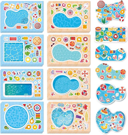 aowplc 32 sheets make‑a‑pool stickers for kids – mix & match craft kit – summer party favors & activities